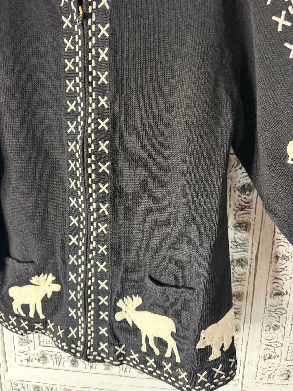 Vtg Ann Trinity Black Moose Zip-Front Sweater Jacket - Picture 3 of 7